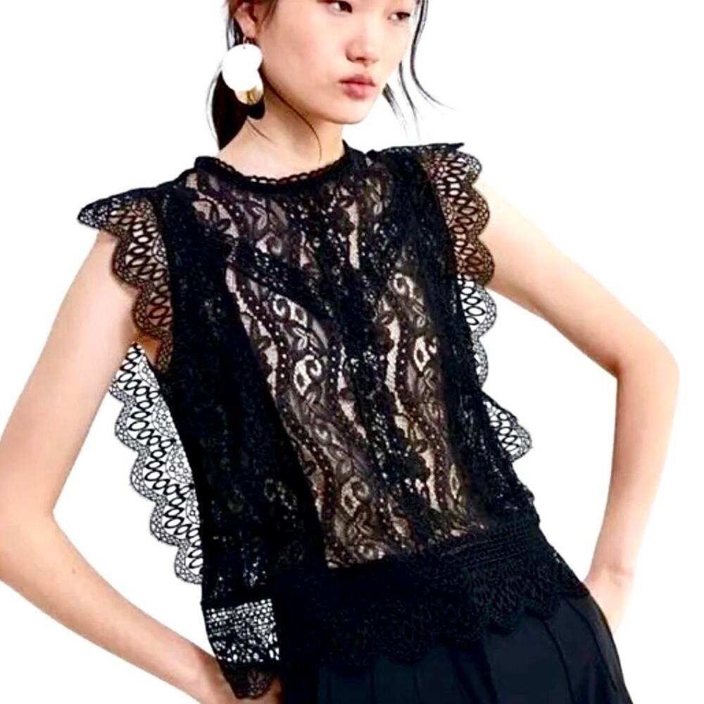Zara Black Lace Flutter Sleeve Blouse